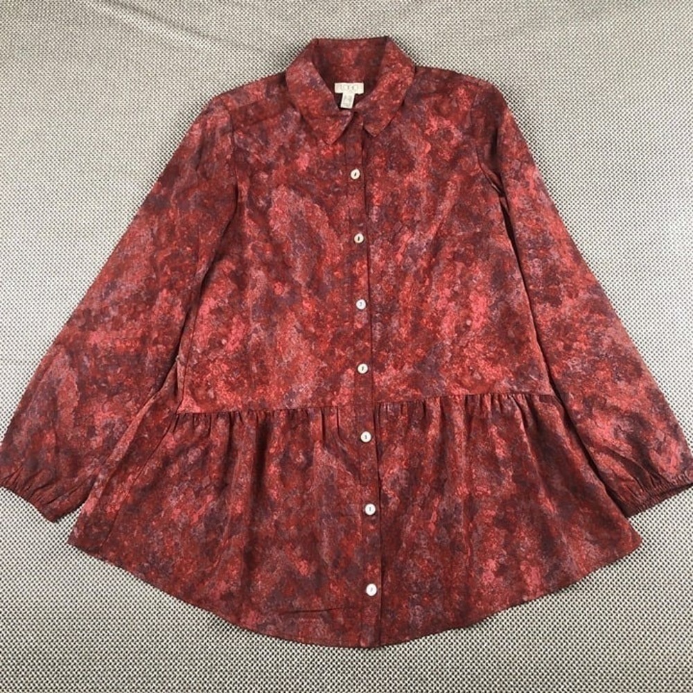 LOGO by Lori Goldstein Stretch Woven Button Front Peplum Tunic Top Abstract Rust